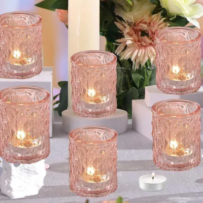 Image de Support pour bougies chauffe-plat en verre, lot de 12, motif losanges roses, 5,5 x 6,5 cm
