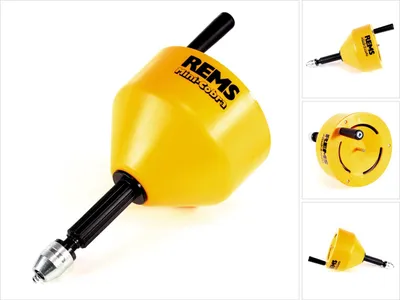 A yellow pipe cleaning tool with black accents, shown in a studio setting with a white background. Multiple views of the product are displayed.