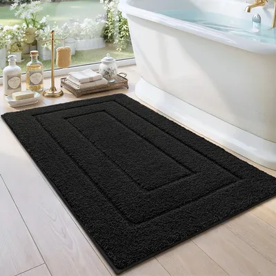Produktbild von Rutschfeste, weiche Mikrofaser-Badematte, saugfähige Badematte, maschinenwaschbare Badematte für Dusche, Badewanne und WC, schwarz, 60 x 110 cm