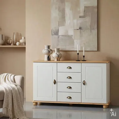 Produktbild von Sideboard COLMAR, Weiß/Braun - Flurkommode im Landhausstil mit 4 Schubkästen und 2 Türen, Kiefer Massivholz, Muschelgriffe aus Metall, für Schlafzimmer oder Wohnzimmer