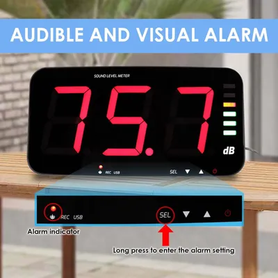 Imagen del producto de Medidor digital de nivel de sonido de 30 a 130 dB. Medidor de decibelios con pantalla HD de 13 pulgadas, montaje en pared, función de registro de datos y alarma de sonido