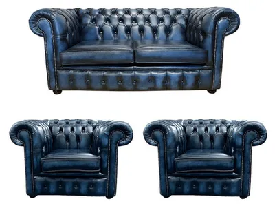 Zdjęcie produktu dla Zestaw wypoczynkowy Chesterfield 2+1+1 – skórzana sofa, tapicerka tekstylna, nowa