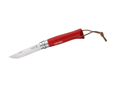 Immagine prodotto di Coltello Opinel n. 8, acciaio inossidabile Sandvik 12C27, manico in faggio rosso, cinturino in pelle, sistema Virobloc