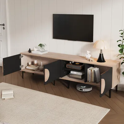 Produktbild von MODFU TV-Schrank TV-Ständer mit halbkreisförmigen Grafikelemente,lowboard mit offene Ablagefächer,TV-Schrank mit 2 Schränke,Eiche