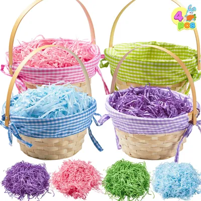 Productafbeelding van 4 stuks paascadeau geweven bamboe mand met handgrepen en 4 kleuren paasgras