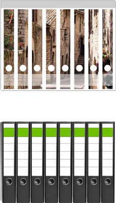 Produktbild von Wallario 8 Stück schmale Ordner inkl. Klebeetiketten mit Motive Italienische Gasse -  Set mit Rückenschildern / Ordnerrücken Stickern