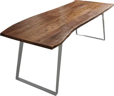 Produktbild von Esstisch Baumkante Akazie nussbaum 220x100 silber schräges U-Gestell HOBART