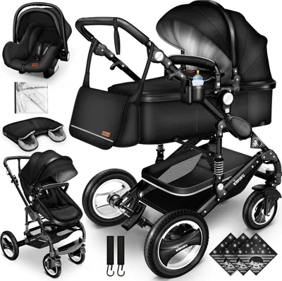 Produktbild von Kiduku Kinderwagen Komplettset, Kombikinderwagen Set inkl. Babywanne Buggy Auto-Babyschale Fußsack, Voll-Gummireifen Wickeltasche Regenschutz Kindertisch (Schwarz/Schwarz)