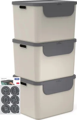 Produktbild von Rotho 3er-Set Mülltrennsystem je 55L Albula – Mülleimer mit Frontklappe – Abfalleimer 40,0 x 48,9 x 34,0 cm – Müllbehälter mit Deckel und Griffen – inkl. Aufkleber