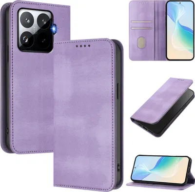 Image de Housse de téléphone portable pour Xiaomi 15T Pro, Vintage Cuir RFID Protection Porte-carte Stand Fonction Housse magnétique à rabat Violet