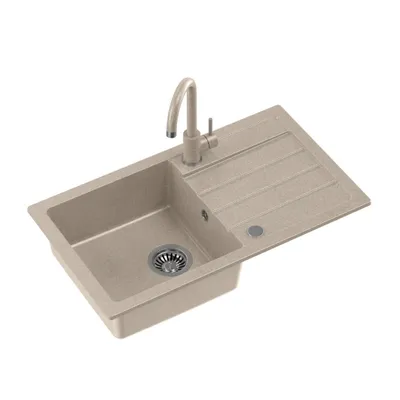 Produktbild von QUADRON Spülbecken JERRY 111 Granitspüle Küche aus GraniteQ, 77x44x17,5 cm, Beige, Waschbecken Küchenspüle Einbeckenspüle Set: Granitspüle + Küchenarmatur KATE + Siphon + Abdeckkappe