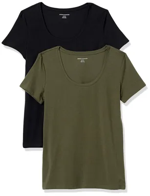 Produktbild von Amazon Essentials Damen Sommer-Oberteile, Regular-Fit Kurzarm-T-Shirts mit U-Ausschnitt, 2er-Pack (erhältlich in Übergrößen), Pack of 2, Dunkles Olivgrün/Schwarz, XL