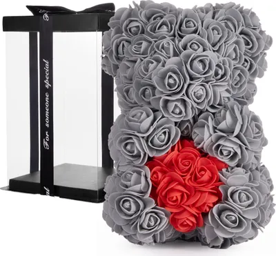 Produktbild von BRUBAKER Różany Miś Kwiatowy 25 cm - Kwiatowy prezent na Rocznicę Urodziny Ślub - Pudełko w zestawie - Szary z czerwonym sercem
