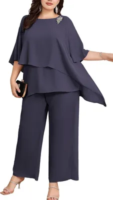 Productafbeelding van Tweedelig damesavondpak in grote maat 46, antraciet, met chiffon bovenstuk en broek met hoge taille