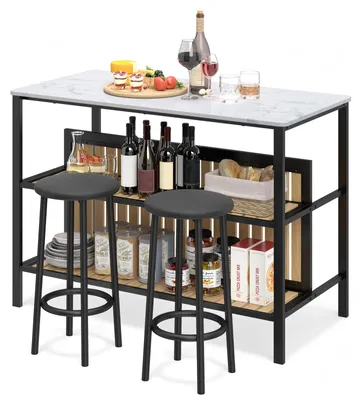 Produktbild von COSTWAY Bartisch mit Barhocker Set, Essgruppe, Stehtisch mit 2 Stühlen, Marmoroptik, 2 Ablagen&platzsparend,Kücheninsel für Küche Wohnzimmer Esszimmer