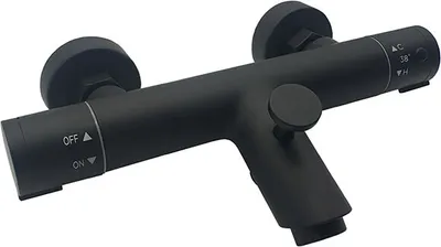 A black matte thermostat shower mixer tap mounted on a white background.