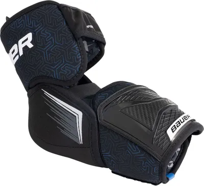 A black Bauer X Senior M elbow pad is shown against a white background.