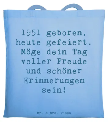 Produktbild von Mr. & Mrs. Panda Schultasche Spruch 1951 Geburtstag - Sky Blue - Geschenk, Laptoptasche, umhängebeutel, Geburtstagsfeier, Happy Birthday, Geburtsjahr, Alter, Jutebeutel