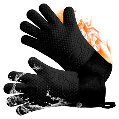 Produktbild von 2er Set Ofenhandschuhe aus Silikon, hitzebeständig mit weichem Baumwollfutter, rutschfest bis 240°C, für Küche, Grillen, Kochen und Backen, Schwarz