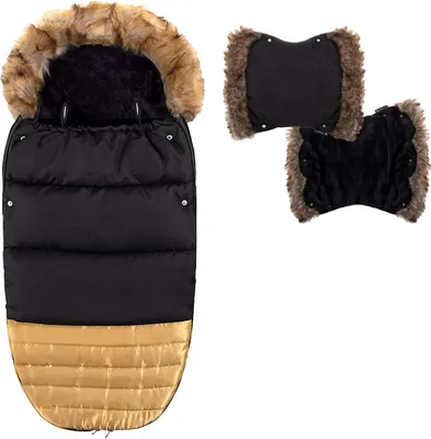Produktbild von SPRINGOS Fußsack Winterfußsack 90 x 45 cm Kapuzenfell Schlittensack Kinderwagen Schlitten Rodeln mit Flecee gefüttert Frühjahr Winter (Schwarz-Gold)