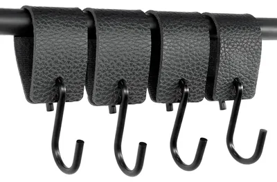 4 S-Haken schwarz mit Lederschlaufe, Garderobenhaken, Kleiderhaken