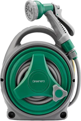 Immagine prodotto di Avvolgitubo da giardino da 14 metri, compatto e portatile, con 7 ugelli a spruzzo regolabili, avvolgitubo manuale per tubi da giardino