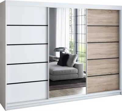 Produktbild von Schwebetürenschrank 200 cm, 3-türig, mit Spiegel & 4 Schubladen, Retro-Stil, modern, in Weiß/Schwarz/Sonoma – Kleiderschrank VILUNO 2