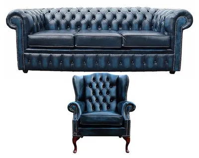 Produktbild von Sofagarnitur Chesterfield Polster Couch Sofa Leder Sitz Garnitur Ohrensessel 421
