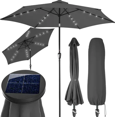 Produktbild von KINGSLEEVE® Sonnenschirm LED Beleuchtung UV Schutz 80+ Solar Schutzhülle 270cm Groß Kurbel Knickbar Balkon Terrasse Gartenschirm Marktschirm Anthrazit