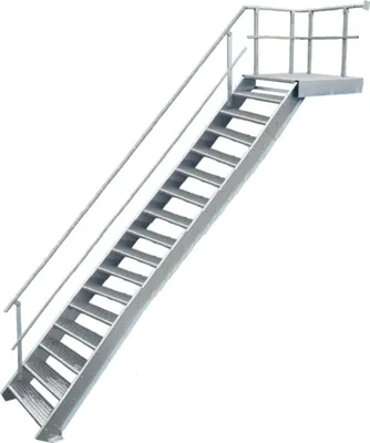 A metal staircase with a railing and platform, isolated on a white background.