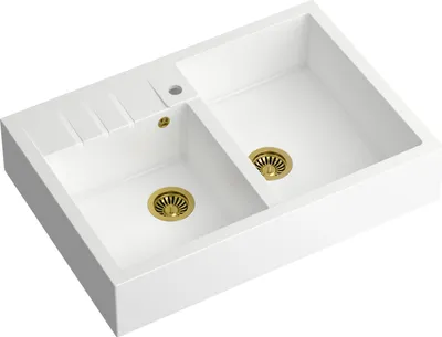 Obrázok produktu pre Drez QUADRON 2-komorový drez | Rozmery: 90 x 62 x 20,5 cm | BILL 120 | Granitový drez GraniteQ so sifónom | Biela + zlatá PVD