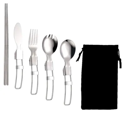 Produktbild von Edelstahl Besteckset 5-teilig mit Gabel, Löffel und Essstäbchen, abnehmbar, tragbar für Camping, Picknick und Reisen mit Tragetasche