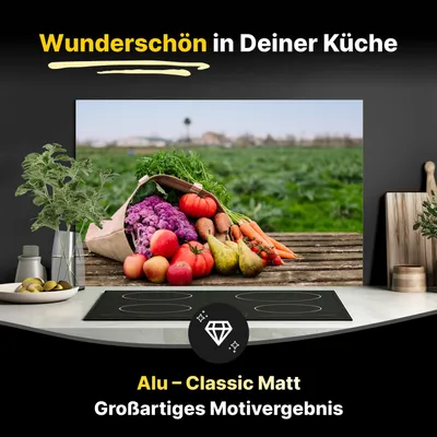 Produktbild von Spritzschutz Küchenrückwand aus Aluminiumverbund in Matt 125x40 cm - Bunte Vielfalt frischer -Ernte