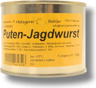 Produktbild von Puten Jagdwurst 190g Dosenwurst Wurstkonserve Metzgerei Bühler Putenfleisch lange haltbares Fleisch vom Truthan Konserve