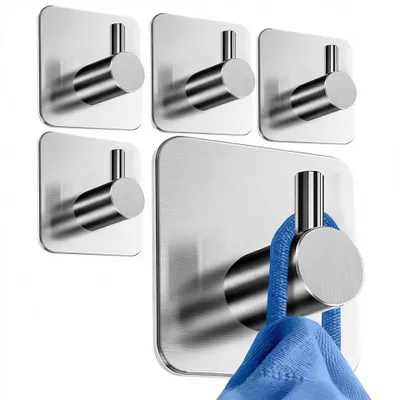 Image de Lot de 5 crochets adhésifs pour porte-serviettes, sans perçage, crochets en acier inoxydable ultra-résistants, polyvalents pour la cuisine, la salle de bain, les armoires, le bureau, les portes et les murs