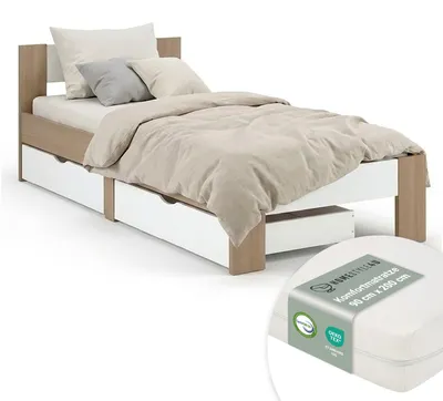 Image de Lit simple en bois 90x200 avec matelas et 2 tiroirs chêne marron blanc Cadre de lit en bois massif sommier à lattes
