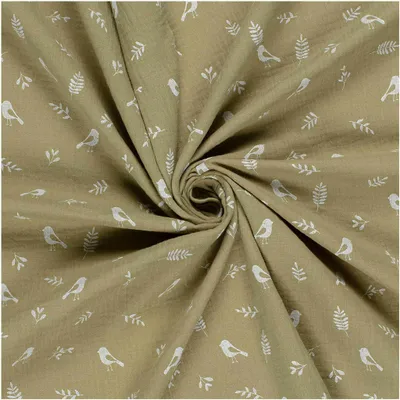 Musselin-Stoff Vögel ab 50x130cm 15 Farben Oeko-Tex Double Gauze Windeltuch Mulltuch khaki