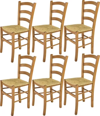 Produktbild von t m c s Tommychairs - 6er Set Stühle VENICE für Küche und Esszimmer, robuste Struktur aus lackiertem Buchenholz im Farbton Eichenholz und Sitzfläche aus Stroh