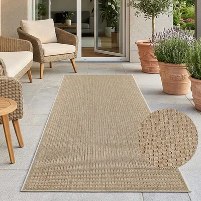 Produktbild von Outdoor Teppich Wetterfest Balkon Terrasse Braun 80x250 cm - Modernes Streifen-Muster, Flachgewebe