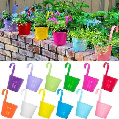 Image de Pots de fleurs suspendus, 13 cm, lot de 12 Grand pot de fleurs en métal avec système de drainage et crochet amovible, pour balcon, clôture et décoration d'intérieur