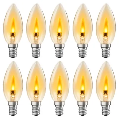 Productafbeelding van 10 LED filamentlampen, kaarsvorm, 1W, E14 fitting, helder glas, flikkerend licht, vuur effect