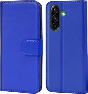 A blue flip case for a smartphone is shown from the front and back.
