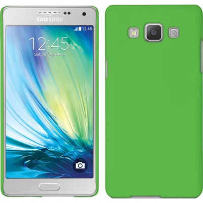 A Samsung Galaxy A5 phone with a green case and two screen protectors.