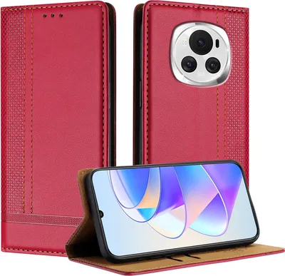 Produktbild von Handyhülle für Honor Magic6 Leder Flip Klappbare Schutzhülle mit Standfunktion Rot