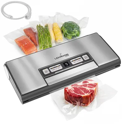 A vacuum sealer machine with various food items sealed in plastic bags, along with a hose attachment.