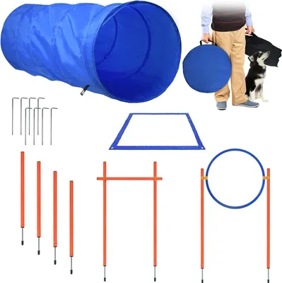 Produktbild von JOIEYOU Agility Set Dogs Large Small Agility Training Set with Dog Tunnel & Slalom Bars & Adjustable Jump Ring & High Jump Bar, sada příslušenství pro výcvik psů