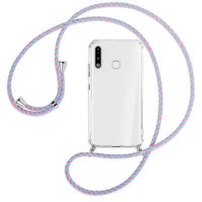Produktbild von Handykette Backcover-Schutzhülle mit Band (Metall silberfarben) für Samsung Galaxy A70e - pink/mint