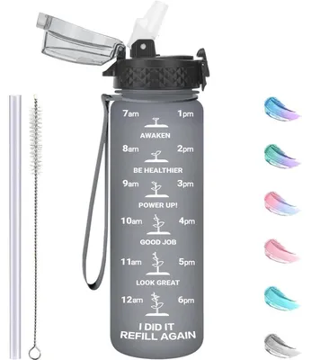Productafbeelding van Kinderfles 500 ml met rietje en tijdmarkeringen, gemaakt van Tritan, BPA-vrij, grijs