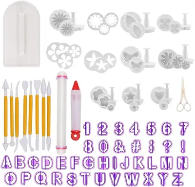 Produktbild von Fondant-Werkzeuge, 91 Ausstecher für Fondantkuchen, Buchstaben aus Zuckerguss, Werkzeuge zur Kuchendekoration, Ausstecher für Zuckerguss, Modellierwerkzeug-Set, Nudelholz, Glätter, Prägeformen, Schere (91-teilig)