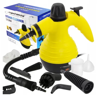 A yellow steam cleaner and its accessories are displayed on a white background, with the product's packaging visible.